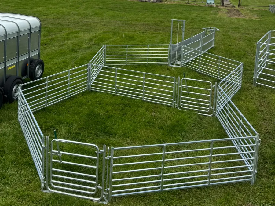 StockPen mobile sheep system holding pen set up on grass at a show